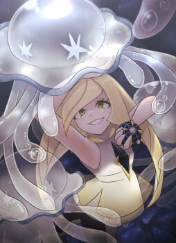 1girl 517pomme absurdres arm_up beast_ball black_pantyhose blonde_hair brown_eyes commentary_request crazy_smile dark_background dress gen_7_pokemon highres holding holding_poke_ball long_hair lusamine_(pokemon) nihilego nintendo pantyhose poke_ball pokemon pokemon_(creature) pokemon_sm sleeveless sleeveless_dress smile ultra_beast white_dress