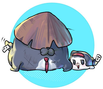 Rule 34 | 1boy, 1girl, aeng-du (project moon), animalization, bamboo-hatted kim, black eyes, commentary, covered eyes, hairband, hat, highres, jingasa, limbus company, looking at viewer, necktie, project moon, red hairband, red necktie, scar, scar on chest, scar on face, seal (animal), shoggoth (sirens20211), sitting, tag, torn clothes, torn hat, white background