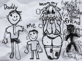 1girl 3boys animal_ears animal_print bikini blindfold blush child&#039;s_drawing cow_ears cow_girl cow_print cow_print_bikini cow_print_thighhighs cowbell doodle english_text family father_and_son heavy_breathing highres mother_and_son multiple_boys nakineiriko_(dafdafson) navel netorare original paper parent_and_child print_bikini print_thighhighs shadow swimsuit thick_thighs thighhighs thighs what wide_hips