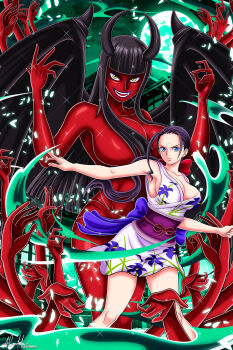 1girl aladdin_(ala21ddin21) black_hair black_wings blunt_bangs colored_skin colored_smoke commentary demonio_fleur extra_arms floral_print highres japanese_clothes kimono long_hair looking_at_viewer moon nico_robin obi one_piece petals ponytail purple_sash red_skin sash short_kimono sidelocks signature sleeveless sleeveless_kimono smoke solo twitter_username v-shaped_eyebrows wings yellow_eyes