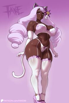 1girl alternate_breast_size_(larger) animal_ears artist_name bra breasts cat_ears cat_tail commentary curvy dark-skinned_female dark_skin elbow_gloves english_commentary fake_(lord_socar) garter_straps gloves gradient_background high_heels highres jacinthe_(pokemon) large_breasts lingerie long_hair looking_at_viewer low_drills navel nintendo panties parted_lips pink_background pink_shoes pokemon pokemon_legends:_z-a purple_background purple_eyes purple_hair shiny_skin shoes simple_background smile solo strappy_heels tail thighhighs thong underwear underwear_only very_dark_skin very_long_hair white_bra white_garter_straps white_gloves white_panties white_thighhighs wide_hips