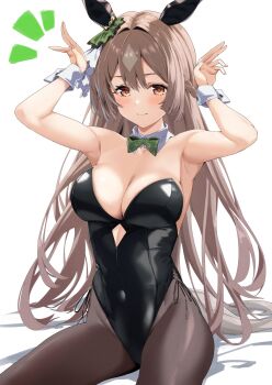 1girl animal_ears armpits arms_up bare_shoulders black_leotard black_pantyhose blush bow bowtie breasts brown_eyes brown_hair cleavage closed_mouth clothing_cutout commentary_request covered_navel cutout_above_navel detached_collar ear_covers green_bow green_bowtie hair_between_eyes highres horse_ears horse_girl horse_tail kagari_liroi large_breasts leotard long_hair looking_at_viewer multicolored_hair nontraditional_playboy_bunny pantyhose rabbit_pose satono_diamond_(umamusume) side-tie_leotard sitting smile solo strapless strapless_leotard streaked_hair tail umamusume very_long_hair white_streaks white_wrist_cuffs wrist_cuffs