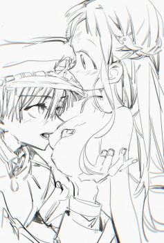 biting blush clothed_male_nude_female completely_nude grabbing_another&#039;s_breast greyscale groping hanako_(jibaku_shounen_hanako-kun) hat highres jibaku_shounen_hanako-kun monochrome nipple_biting nipple_stimulation nipples nude yashiro_nene
