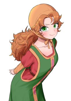1girl absurdres blush brown_hair chikuwandahuru collarbone commentary_request curly_hair dragon_quest dragon_quest_vii dress green_eyes highres hood long_hair looking_at_viewer maribel_(dq7) simple_background smile solo white_background