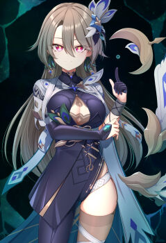 1girl basa_rutan black_background black_gloves black_thighhighs blue_bodysuit bodysuit breasts cleavage_cutout closed_mouth clothing_cutout commentary_request earrings gloves grey_hair hair_between_eyes hair_ornament half_gloves highres honkai_(series) honkai_impact_3rd jewelry large_breasts looking_at_viewer partial_commentary purple_eyes single_glove single_leg_bodysuit single_thighhigh smile solo thighhighs thighs vita_(honkai_impact) vita_(lone_planetfarer)_(honkai_impact)