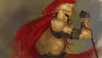 1other absurdres arm_belt armor black_gloves breastplate cloak d3rlord3 endisnio faceless from_side galea_helmet gloves highres knight muscular muscular_male painterly pulling red_cloak searching_for_a_world_that_doesn&#039;t_exist shoulder_armor solo upper_body