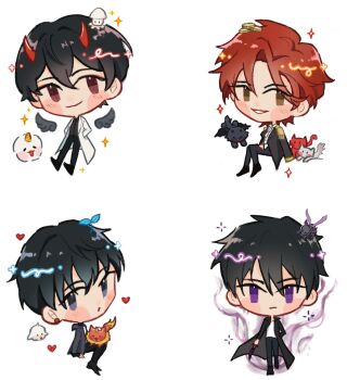 4boys :d animal animal_on_lap arm_behind_back bat_wings biyoo_(omniscient_reader&#039;s_viewpoint) black_coat black_eyes black_hair black_shirt black_wings brown_eyes cat character_request check_character chibi chibi_only choi_han coat coin crossed_bangs curtained_hair demon_horns demon_wings dokkaebi feathered_wings fox full_body genre_connection hair_between_eyes han_yoojin hands_in_pockets highres horns invisible_chair kim_dokja lighht06 lout_of_count&#039;s_family magic mini_wings multiple_boys naega_kiun_s_geubdeul omniscient_reader&#039;s_viewpoint on_lap open_mouth red_hair shirt short_hair simple_background sitting smile smoke solo_leveling sparkle squid sung_jin-woo white_background white_coat wings wolf