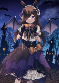 Rule 34 | 1girl, animal ears, bat (animal), bat wings, black gloves, blush, bow, brown hair, commentary request, flipped hair, frilled hairband, frills, gloves, hair over one eye, hairband, halloween costume, highres, horse ears, horse girl, jack-o'-lantern ornament, kurumi lm, long hair, looking at viewer, night, official alternate costume, open mouth, outdoors, parted lips, puffy short sleeves, puffy sleeves, purple eyes, purple wings, rice shower (umamusume), rice shower (vampire makeover!) (umamusume), shirt, short sleeves, skirt, sky, solo, spider web print, umamusume, white shirt, wings