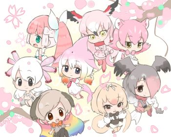 10s 6+girls :3 animal_ears anteater_ears anteater_tail apron arms_at_sides bare_shoulders belt bird_tail bird_wings black_eyes black_hair black_legwear blonde_hair blue_hair blunt_bangs bow bowtie braid brown_bow brown_eyes brown_legwear brown_neckwear brown_shirt brown_skirt buttons cetacean_tail cherry_blossoms chibi chinese_white_dolphin_(kemono_friends) claw_pose color_connection commentary_request darwin&#039;s_finch_(kemono_friends) dress eyelashes fairy_wings fins fish_tail flower french_braid frilled_apron frills from_behind from_side full_body fur_collar gloves gradient_hair greater_flamingo_(kemono_friends) green_belt green_eyes green_hair grey_hair hair_between_eyes hair_ornament hair_over_one_eye hairband hands_up head_wings heart heart_hands high_ponytail jacket jitome jumping kemono_friends knees_together_feet_apart leg_lift light_brown_hair long_hair long_sleeves looking_at_viewer looking_back low_twintails mexico_salamander_(kemono_friends) midriff multicolored_hair multicolored_legwear multiple_girls necktie orange_hair outdoors outstretched_arms panther_ears pantyhose peach_panther_(kemono_friends) petals pink-backed_pelican_(kemono_friends) pink_bow pink_fairy_armadillo_(kemono_friends) pink_gloves pink_hair pink_jacket pink_legwear pink_neckwear pink_sailor_collar pink_skirt pink_theme ponytail puffy_short_sleeves puffy_sleeves rainbow_hair raised_eyebrows red_bow red_hair red_legwear red_neckwear red_scarf ribbon sailor_collar sailor_dress salamander_tail scarf shirt short_hair short_sleeves shorts silky_anteater_(kemono_friends) sketch skirt sleeveless sleeveless_shirt standing standing_on_one_leg strapless strapless_dress swept_bangs tail tareme tatsuno_newo tree tsurime twintails twitter_username two-tone_hair very_long_hair white_apron white_background white_bow white_dress white_hair white_hairband white_ribbon white_shirt white_shorts wing_collar wings yellow_eyes