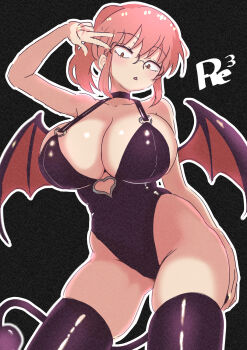 alternate_breast_size_(larger) bat_wings black_leotard black_thighhighs breasts cleavage collarbone cowboy_shot curvy demon_costume demon_girl demon_tail demon_wings glasses highleg highleg_leotard huge_breasts kobayashi-san_chi_no_maidragon kobayashi_(maidragon) leotard looking_at_viewer mature_female ponytail red_hair reiwa_rerere sidelocks skindentation tail thighhighs w wide_hips wings