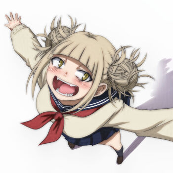 1girl black_shoes blonde_hair blue_skirt blush boku_no_hero_academia breasts brown_shoes brown_sweater double_bun fangs from_above hair_bun large_breasts long_sleeves looking_back looking_up messy_hair neckerchief open_mouth red_neckerchief school_uniform shoes skirt slit_pupils smile standing sweater t_jiroo_(ringofriend) teeth toga_himiko white_background yellow_eyes