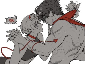 2boys angel_wings arms_up choker city_serene closed_mouth crop_top demon_boy demon_horns eye_contact flying_sweatdrops from_side frown hashtag-only_commentary heart highres holding_hands horns lighter_(zenless_zone_zero) looking_at_another male_focus midriff multiple_boys multiple_scars nail_polish nervous_sweating nude parted_bangs red_choker red_scarf scar scar_on_arm scar_on_back scar_on_shoulder scarf scarf_pull simple_background spoken_heart sunglasses sweat white_background wings wise_(zenless_zone_zero) yaoi zenless_zone_zero