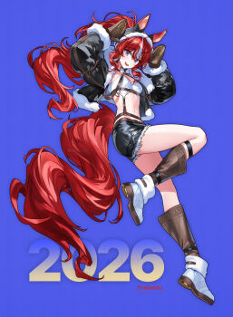 1girl 2026 absurdres animal_ears blue_background crop_top gloves highres hood horse_ears horse_girl horse_tail jumping navel original shorts solo syagamu tail