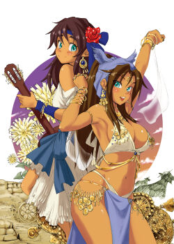 2girls absurdres arm_up bare_shoulders blush bracelet breasts brown_hair circlet closed_mouth dark-skinned_female dark_skin earrings flower guitar gypsy hands_up headband highres instrument jewelry large_breasts long_hair looking_at_viewer looking_back multiple_girls navel nekoguchi open_mouth original pelvic_curtain ring smile stomach teeth thighs upper_teeth_only