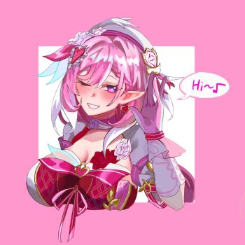 1girl ;o beret breasts cleavage diamond-shaped_pupils diamond_(shape) dress earrings elf elysia_(hi_love_elf)_(honkai_impact) elysia_(honkai_impact) gettou0_0 gloves hashtag-only_commentary hat heart heart_earrings highres honkai_(series) honkai_impact_3rd jewelry large_breasts long_hair looking_at_viewer multicolored_hair one_eye_closed pink_gloves pink_hair pointy_ears purple_eyes red_dress solo symbol-shaped_pupils two-tone_hair upper_body very_long_hair white_hair