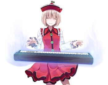 Rule 34 | 1girl, ^ ^, blonde hair, buttons, closed eyes, closed mouth, commentary request, cowboy shot, crote, facing viewer, frilled shirt, frilled sleeves, frills, hat, highres, instrument, large variant set, legs apart, long sleeves, lyrica prismriver, open hands, piano, red hat, red shirt, shirt, shoes, short hair, skirt, skirt set, sleeves past wrists, smile, solo, tachi-e, touhou, transparent background, variant set, white shirt
