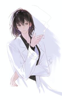 1girl black_eyes black_hair black_shirt bob_cut cigarette coat collared_shirt cowboy_shot crossed_arms expressionless goo_g000 han_sooyoung head_tilt highres holding holding_cigarette looking_to_the_side omniscient_reader&#039;s_viewpoint open_clothes open_coat popped_collar shirt short_hair smoke smoke_trail solo white_coat
