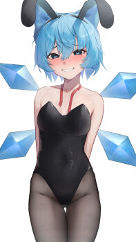 1girl absurdres alternate_costume animal_ear_hairband animal_ears arms_behind_back bare_arms black_hiphighs black_leotard blue_bow blue_eyes blue_hair blush bow breasts cirno collarbone commentary_request cowboy_shot detached_wings fairy fake_animal_ears gluteal_fold grin groin hair_between_eyes hair_bow hairband highleg highleg_leotard highres hiphighs ice ice_wings leotard looking_at_viewer multiple_wings neck_ribbon nose_blush playboy_bunny rabbit_ear_hairband rabbit_ears red_ribbon ribbon short_hair simple_background small_breasts smile solo strapless strapless_leotard sweat tears thigh_gap toriare_(lyyj0nzq5zhzanl) touhou undone_neck_ribbon white_background wings
