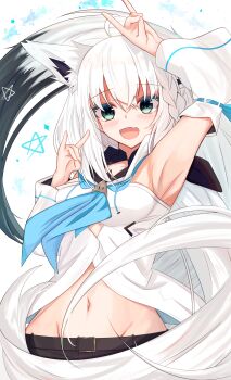 1girl absurdres ahoge animal_ear_fluff animal_ears aqua_hair aqua_neckerchief arm_up armpit_focus armpits arms_behind_head blush breasts closed_mouth commentary_request double_v fox_ears fox_girl hair_between_eyes highres hololive long_hair long_sleeves looking_at_viewer medium_breasts miaruri navel neckerchief one_eye_closed presenting_armpit shirakami_fubuki shirakami_fubuki_(1st_costume) smile solo stomach v very_long_hair virtual_youtuber white_hair wide_sleeves
