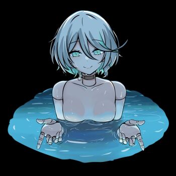 1girl breasts cecilia_immergreen chainsaw_man choker closed_mouth colored_inner_hair commentary doll_joints english_commentary green_eyes green_hair grenade_pin grey_choker grey_hair hair_between_eyes highres hololive hololive_english joints looking_at_viewer multicolored_hair nude panpanmc4 partially_submerged scene_reference small_breasts smile solo virtual_youtuber water