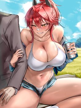 1boy 1girl absurdres antenna_hair asahi_breweries bandaid bandaid_on_face bandaid_on_nose bare_shoulders beer_can belt black_horns blue_sky blush breasts camisole can cleavage cloud coda_(simon1995) collarbone commander_(nikke) commentary curvy day denim denim_jacket denim_shorts double-parted_bangs drink_can exposed_pocket goddess_of_victory:_nikke grasslands grey_jacket grin hair_between_eyes hair_flaps hair_intakes highres holding holding_can horns jacket large_breasts locked_arms long_hair long_sleeves looking_at_another mechanical_horns micro_shorts navel off_shoulder official_alternate_costume official_alternate_hairstyle one_eye_closed open_belt open_fly outdoors panties ponytail red_hair red_hood_(nikke) red_hood_(retro_days)_(nikke) shorts sidelocks sitting sky smile stomach sweat teeth thick_thighs thighs underwear very_long_hair white_camisole white_panties yellow_eyes