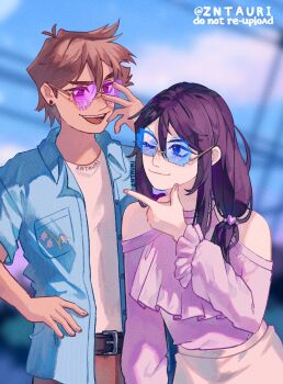 1boy 1girl alternate_costume alternate_hairstyle antenna_hair artist_name bare_shoulders belt black_belt black_eyes black_hair blue-tinted_eyewear blue_jacket blurry blurry_background breast_pocket brown_eyes brown_hair closed_mouth clothing_cutout collared_jacket commentary double-parted_bangs ear_piercing english_commentary hair_between_eyes hand_on_own_hip hero_(faraway)_(omori) hero_(omori) highres jacket long_hair long_sleeves looking_at_another mari_(faraway)_(omori) mari_(omori) mole mole_under_eye omori one_eye_closed open_mouth piercing pocket purple-tinted_eyewear shirt short-sleeved_jacket short_hair short_sleeves shoulder_cutout sunglasses t-shirt teeth tinted_eyewear tongue upper_teeth_only white_shirt zntauri