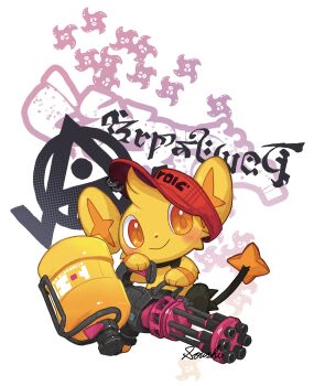 alternate_color animal_focus blush closed_mouth clothed_pokemon commentary_request gen_4_pokemon hat heavy_splatling_(splatoon) highres looking_at_viewer nintendo no_humans orange_eyes pierced_hat pokemon pokemon_(creature) red_hat shinx shiny_pokemon signature smile sou440pk splatoon_(series) visor_cap weapon white_background