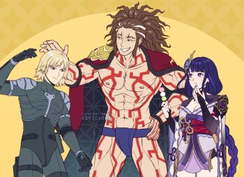 1girl 2boys abs adricarra alternate_costume annoyed armor artist_name bare_pectorals black_eyes blonde_hair blue_flower blue_pupils blunt_bangs bodysuit braid breasts bridal_gauntlets brown_hair chewing cleavage clenched_teeth closed_mouth clothing_cutout coat coat_on_shoulders commentary commission crossover dango eating english_commentary fan_hair_ornament flower flower_ornament food formal_clothes friends genshin_impact green_eyes grin hair_ornament happy height_difference high_ponytail holding japanese_clothes kimono large_breasts light_blush lingerie long_braid long_hair messy_hair metal_gear_(series) metal_gear_solid_2:_sons_of_liberty mixed-language_commentary mole mole_under_eye multicolored_eyes multicolored_hair multiple_boys muscular muscular_male navel neck_ribbon nipples off_shoulder open_clothes open_coat pectorals ponytail purple_eyes purple_hair purple_kimono raiden_(metal_gear) raiden_shogun red_ribbon red_sash ribbon sash short_hair shoulder_armor shoulder_cutout shuumatsu_no_valkyrie single_braid smile smirk sneaking_suit standing stomach streaked_hair suit teasing teeth thighhighs thighs underwear upper_body wagashi watermark yellow_background