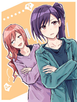 2girls :d ? black_shirt blue_eyes brown_eyes collarbone collared_shirt commentary crossed_arms green_jacket highres jacket liu_mei_fan long_hair long_sleeves multiple_girls nervous_smile open_clothes open_jacket open_mouth orange_hair parted_lips purple_hair purple_sweater shirt shoujo_kageki_revue_starlight shoujo_kageki_revue_starlight_-re_live- side_ponytail smile sweat sweater swept_bangs tsuruhime_yachiyo upper_body yukitake_(bullfalk)