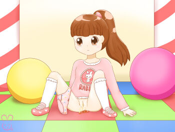 1girl animal_print anus arm_support ball bottomless bow bow_panties brown_eyes brown_hair clothes_writing collarbone flat_chest food-themed_hair_ornament hair_ornament heart heart_print highres kindergarten kneehighs loli long_hair original panties panties_around_leg peeing peeing_on_floor pink_bow pink_footwear pink_panties pink_shirt ponytail print_footwear print_panties print_shirt puddle pussy rabbit_print shirt shoes short_sleeves socks spread_legs squatting steam strawberry_hair_ornament uncensored underwear urameido white_socks