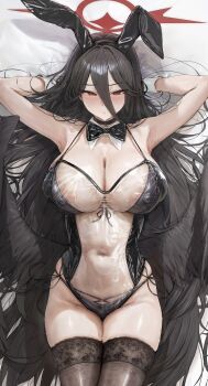 1girl akita_hika animal_ears armpits arms_up black_choker black_hair black_thighhighs black_wings blue_archive blush breasts choker cleavage commentary_request covered_navel detached_collar fake_animal_ears feathered_wings groin hair_between_eyes halo hasumi_(blue_archive) highres huge_breasts huge_nipples lace lace-trimmed_thighhighs lace_trim long_hair looking_at_viewer low_wings lying mole mole_under_eye on_back oversized_wings rabbit_ears red_eyes red_halo see-through_clothes solo sweat thighhighs very_long_hair wings wrist_cuffs