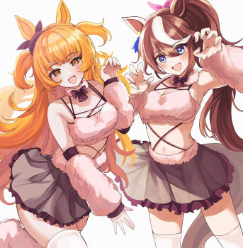 2girls alternate_costume animal_ears armpits bikini bikini_top_only black_bow black_skirt blue_eyes blush bow breasts brown_hair claw_pose commentary detached_collar detached_sleeves ear_bow fang feet_out_of_frame fluffy frilled_skirt frills fur_bikini hair_between_eyes hair_ribbon hanamura_pink highres horse_ears horse_girl horse_tail jacket long_hair long_sleeves looking_at_viewer mayano_top_gun_(umamusume) medium_breasts midriff multiple_girls navel open_mouth orange_eyes orange_hair pink_bikini pink_jacket pink_ribbon pleated_skirt ponytail purple_bow ribbon sidelocks simple_background skin_fang skirt smile standing standing_on_one_leg swimsuit tail thighhighs tokai_teio_(umamusume) two_side_up umamusume very_long_hair white_background white_thighhighs