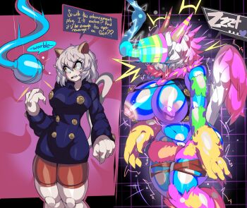 1girl 2koma absurdres animal_ears bike_shorts breast_expansion breasts captain_kirb cat_ears cat_girl cat_tail comic deltarune doll_joints english_text highres hunter_x_hunter instant_loss joints long_sleeves mind_control minidress motion_lines neferpitou nipples pussy short_hair tail thick_thighs thighs torn_clothes transformation utdr_(toby_fox) wardrobe_malfunction werewire wide_hips yellow_eyes
