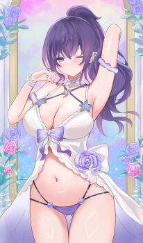 1girl arm_up armband armpits asahina_mafuyu babydoll blush bow breasts choker cleavage closed_mouth commentary cowboy_shot dot_nose ear_piercing english_commentary flower flower_choker flower_necklace frilled_choker frills gluteal_fold hair_between_eyes half-closed_eye hand_up high_ponytail highres jewelry large_breasts long_hair looking_at_viewer navel necklace one_eye_closed panties piercing pink_flower pink_rose ponytail project_sekai purple_armband purple_bow purple_eyes purple_flower purple_hair purple_panties purple_rose rabbit rose sidelocks solo standing stomach string_panties sweat thighs underwear usagi_melon3 white_babydoll wristband