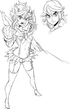 cleft_of_venus clenched_hand garter_straps highres kill_la_kill looking_at_viewer matoi_ryuuko midriff miniskirt navel pleated_skirt senketsu short_hair sketch skirt suspenders sword teevo thighhighs weapon