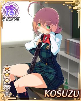1girl :o adjusting_hair ahoge ankle_socks black_socks border bow bowtie breasts card_(medium) character_name clarinet english_text game_cg green_eyes green_skirt green_vest holding holding_instrument instrument kosuzu_(senran_kagura) large_breasts long_sleeves medium_hair official_alternate_costume official_art orange_hair plaid_clothes plaid_skirt plaid_vest red_bow red_bowtie sakigei_municipal_academy_school_uniform school_uniform senran_kagura senran_kagura_new_wave shirt sitting skirt socks solo vest white_shirt
