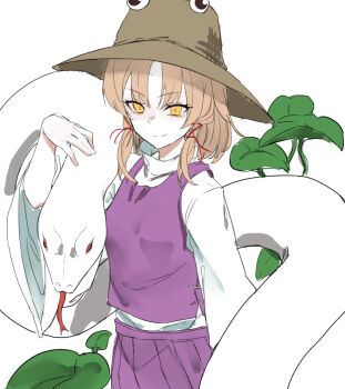 1girl blonde_hair brown_hat eye_on_hat hair_ribbon hat kanaria_(bcomn) leaf moriya_suwako orange_eyes purple_skirt purple_vest red_ribbon ribbon shirt simple_background skirt snake solo touhou vest white_background white_shirt white_snake