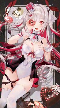 1girl absurdres ahoge blunt_bangs blush bow breasts cleavage clothing_cutout crown demon_horns demon_tail detached_collar donut floating_hair food frilled_wristband frills highres horns long_hair looking_at_viewer medium_breasts multicolored_hair nekojita_(ika_neko46) open_mouth original pink_nails red_bow red_hair red_ribbon ribbon slit_pupils stomach_cutout tail thigh_strap thighhighs thighs torn_clothes torn_thighhighs two-tone_hair white_hair white_thighhighs wrist_ribbon