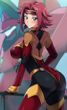 1girl absurdres ass blue_eyes blush bodysuit breasts closed_mouth code_geass commentary cowboy_shot flipped_hair guren_(code_geass) guren_mk-ii hair_intakes hand_on_railing headband highres knightmare_frame kouzuki_kallen large_breasts looking_at_viewer mecha median_furrow multicolored_bodysuit pilot_suit red_hair red_headband revision robot science_fiction short_hair signature skin_tight smile turning_head twitter_username yoo_tenchi