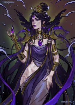 1girl absurdres ancient_greek_clothes armlet artist_name black_hair commentary dress earrings english_commentary forehead_jewel gem greco-roman_clothes hades_(series) hades_1 highres jewelry long_hair mature_female misa_mi nyx_(hades) purple_lips skull solo yellow_eyes