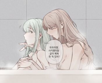 2girls absurdres bang_dream! bang_dream!_it's_mygo!!!!! blue_eyes breasts brown_hair cleavage green_hair hand_in_another's_hair highres kimboogakk77 korean_text large_breasts long_hair medium_breasts multiple_girls nagasaki_soyo nude open_mouth same-sex_bathing shared_bathing sidelocks translation_request wakaba_mutsumi wet yellow_eyes yuri