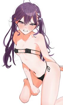 1girl absurdres bikini black_bikini breasts clenched_teeth collarbone commentary_request embarrassed frown gakuen_idolmaster highres idolmaster kaya_rinha micro_bikini navel purple_hair showtime775 small_breasts solo stomach swimsuit teeth twintails