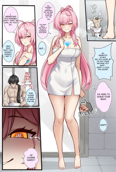 Rule 34 | !?, 1boy, 1girl, absurdres, adoptive parent and adoptive child, aemeath (wuthering waves), ahoge, barefoot, black hair, blush, bonz0616, breasts, collarbone, commentary, english commentary, english text, fake tears, father and child, father and daughter, hand up, highres, inseki, large breasts, long hair, male rover (wuthering waves), mixed-sex bathing, mole, mole on shoulder, naked towel, naughty face, orange eyes, paid reward available, parent and child, parted lips, pink hair, ponytail, rover (wuthering waves), shared bathing, smile, star-shaped pupils, star (symbol), symbol-shaped pupils, tacet mark (wuthering waves), tearing up, towel, wuthering waves