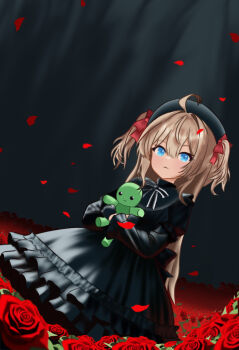 1girl ahoge black_bow black_dress black_hat blue_eyes bow brown_hair closed_mouth commentary_request cowboy_shot dress dutch_angle falling_petals flower goth_fashion hair_between_eyes hair_ribbon hat highres hugging_doll hugging_object layered_dress long_hair neuro-sama petals red_flower red_petals red_ribbon red_rose ribbon rose skyheir_(maya) solo two_side_up vedal987 vedal_ai virtual_youtuber