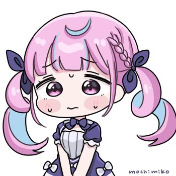 1girl blue_bow blue_dress blue_hair blue_ribbon blush_stickers bow braid chibi closed_mouth commentary dress hair_ribbon hololive long_hair minato_aqua minato_aqua_(1st_costume) mochimiko multicolored_hair pink_hair puffy_short_sleeves puffy_sleeves purple_eyes ribbon short_sleeves signature simple_background solo sweat twintails two-tone_hair very_long_hair virtual_youtuber wavy_mouth white_background