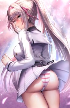 1girl absurdres alternate_costume alva_(girls'_frontline_2) alva_(wisteria_tidings)_(girls'_frontline_2) an-94 an-94_(girls'_frontline) ass assault_rifle commentary_request girls'_frontline green_eyes grey_jacket grey_sailor_collar grey_skirt gun hairband headband high_ponytail highres jacket long_hair long_sleeves looking_at_viewer panties pink_hairband pink_headband pink_ribbon ponytail ribbon rifle sailor_collar school_uniform skirt solo striped_clothes striped_panties underwear weapon white_hair wind wind_lift xlscaler