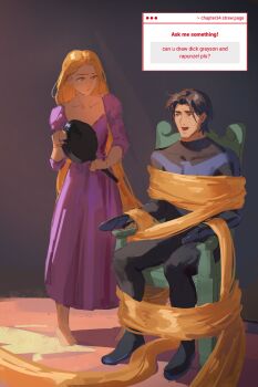 1boy 1girl absurdly_long_hair absurdres artist_request blonde_hair chapter_34 crossover dc_comics dick_grayson disney_princess dress hair_bondage highres long_hair nightwing pink_dress rapunzel_(disney) superhero_costume tangled very_long_hair