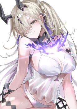 1girl absurdres arknights bikini breasts camisole cleavage commentary_request dragon_girl dragon_horns fire green_eyes grey_hair highres horns horobu large_breasts long_hair necrass_(arknights) necrass_(summer_flowers)_(arknights) official_alternate_costume purple_fire simple_background smile solo swimsuit thighs very_long_hair white_background white_bikini white_camisole