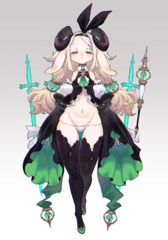 1girl :< animal_ears black_shirt black_thighhighs bow commentary_request expressionless forehead full_body furry furry_female green_eyes green_shoes grey_background groin hair_bow hairband highres horns long_hair long_sleeves lowleg lowleg_panties navel no_pants original panties ribbon rikose sheep_ears sheep_girl sheep_horns shirt shoes simple_background solo stomach thigh_gap thighhighs thighs twintails underwear white_hair white_panties