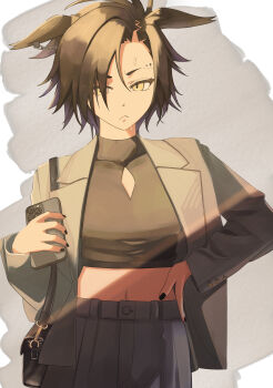 Rule 34 | 1girl, absurdres, air shakur (umamusume), alternate costume, animal ear piercing, animal ears, bag, black bag, black hair, black nails, black shirt, black skirt, blush, breasts, cellphone, commentary request, cowboy shot, cropped shirt, ears down, eyebrow piercing, face piercing, frown, grey jacket, hair between eyes, hand on own hip, handbag, highres, holding, holding phone, horse ears, horse girl, jacket, long sleeves, looking at viewer, midriff, moheji (user gywn2472), nail polish, navel, open clothes, open jacket, phone, piercing, shadow, shirt, short hair, simple background, skirt, small breasts, smartphone, solo, umamusume, white background, yellow eyes